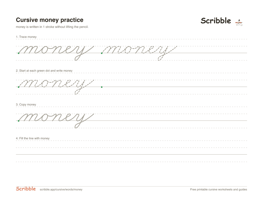 Preview of the printable money in cursive worksheet: trace, copy, and practice rows