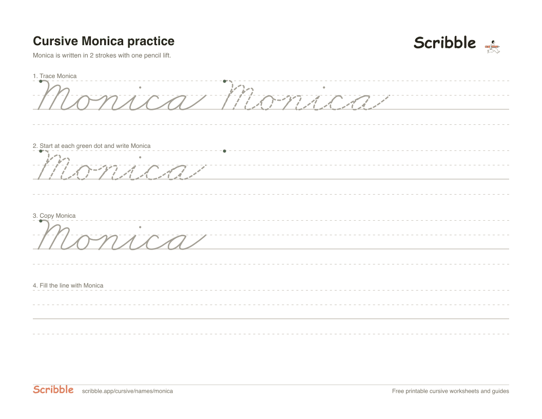 Preview of the printable Monica in cursive worksheet: trace, copy, and practice rows