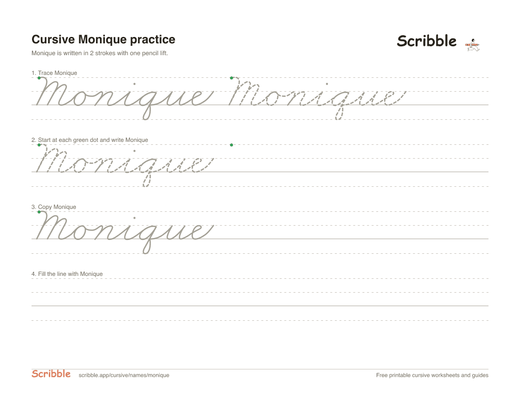 Preview of the printable Monique in cursive worksheet: trace, copy, and practice rows