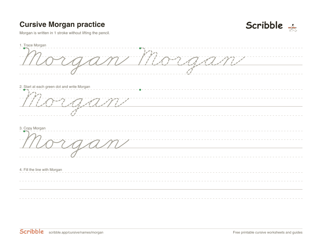 Preview of the printable Morgan in cursive worksheet: trace, copy, and practice rows