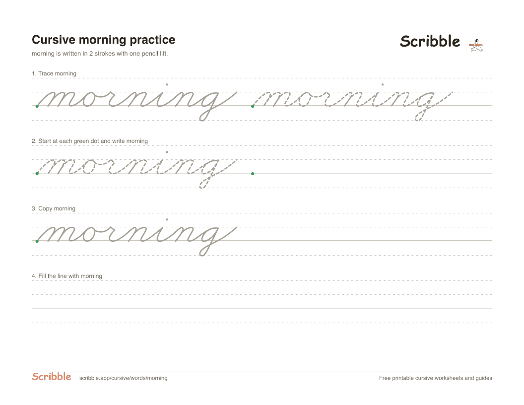 Preview of the printable morning in cursive worksheet: trace, copy, and practice rows