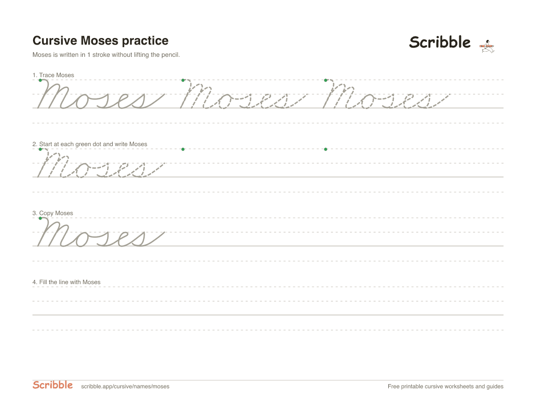Preview of the printable Moses in cursive worksheet: trace, copy, and practice rows
