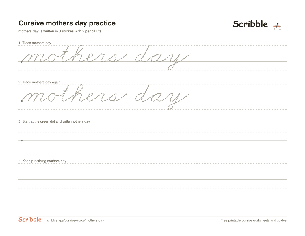 Preview of the printable mothers day in cursive worksheet: trace, copy, and practice rows