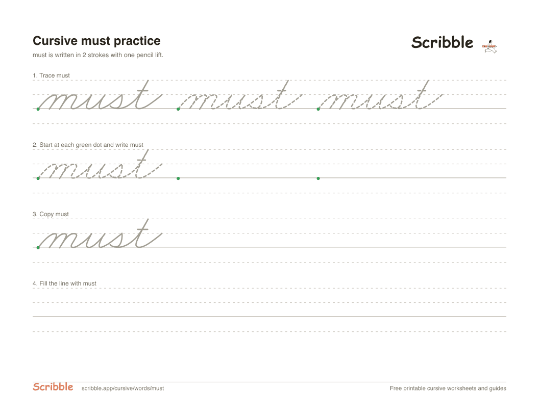 Preview of the printable must in cursive worksheet: trace, copy, and practice rows