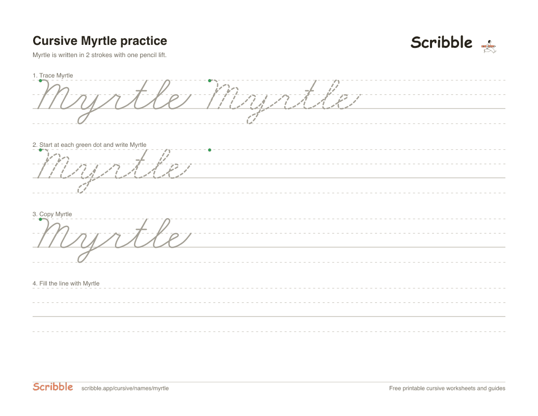 Preview of the printable Myrtle in cursive worksheet: trace, copy, and practice rows