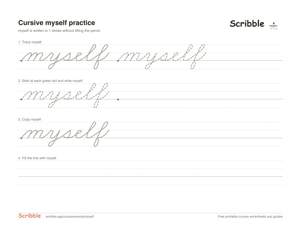 Preview of the printable myself in cursive worksheet: trace, copy, and practice rows