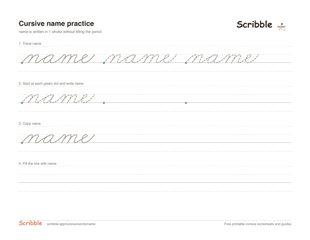 Preview of the printable name in cursive worksheet: trace, copy, and practice rows