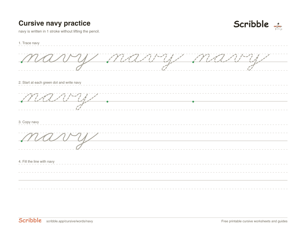 Preview of the printable navy in cursive worksheet: trace, copy, and practice rows