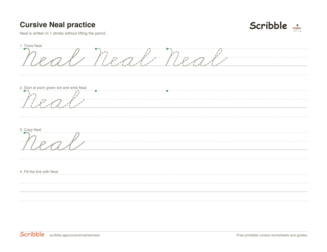 Preview of the printable Neal in cursive worksheet: trace, copy, and practice rows