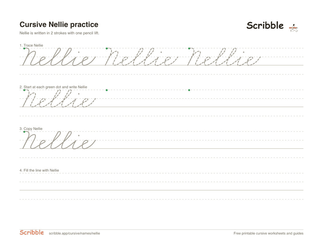 Preview of the printable Nellie in cursive worksheet: trace, copy, and practice rows