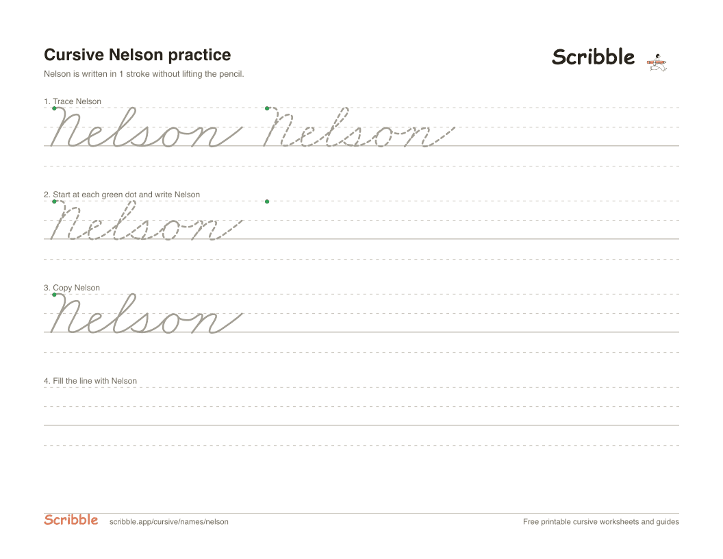 Preview of the printable Nelson in cursive worksheet: trace, copy, and practice rows