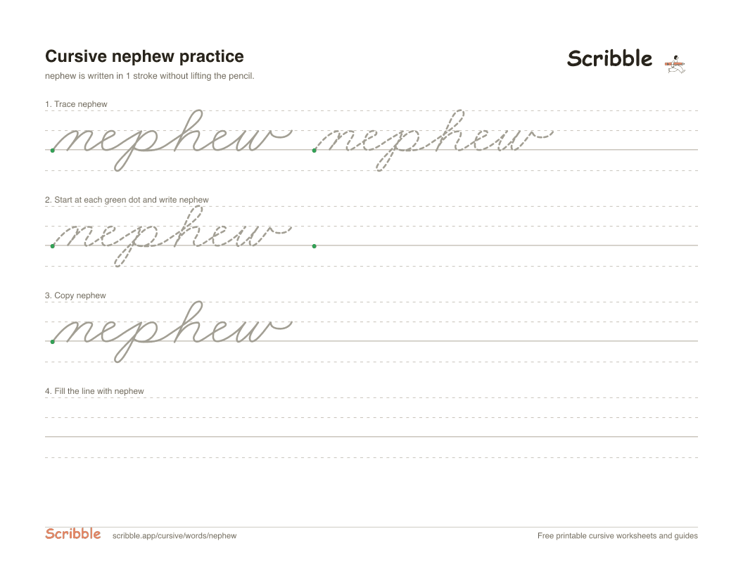 Preview of the printable nephew in cursive worksheet: trace, copy, and practice rows