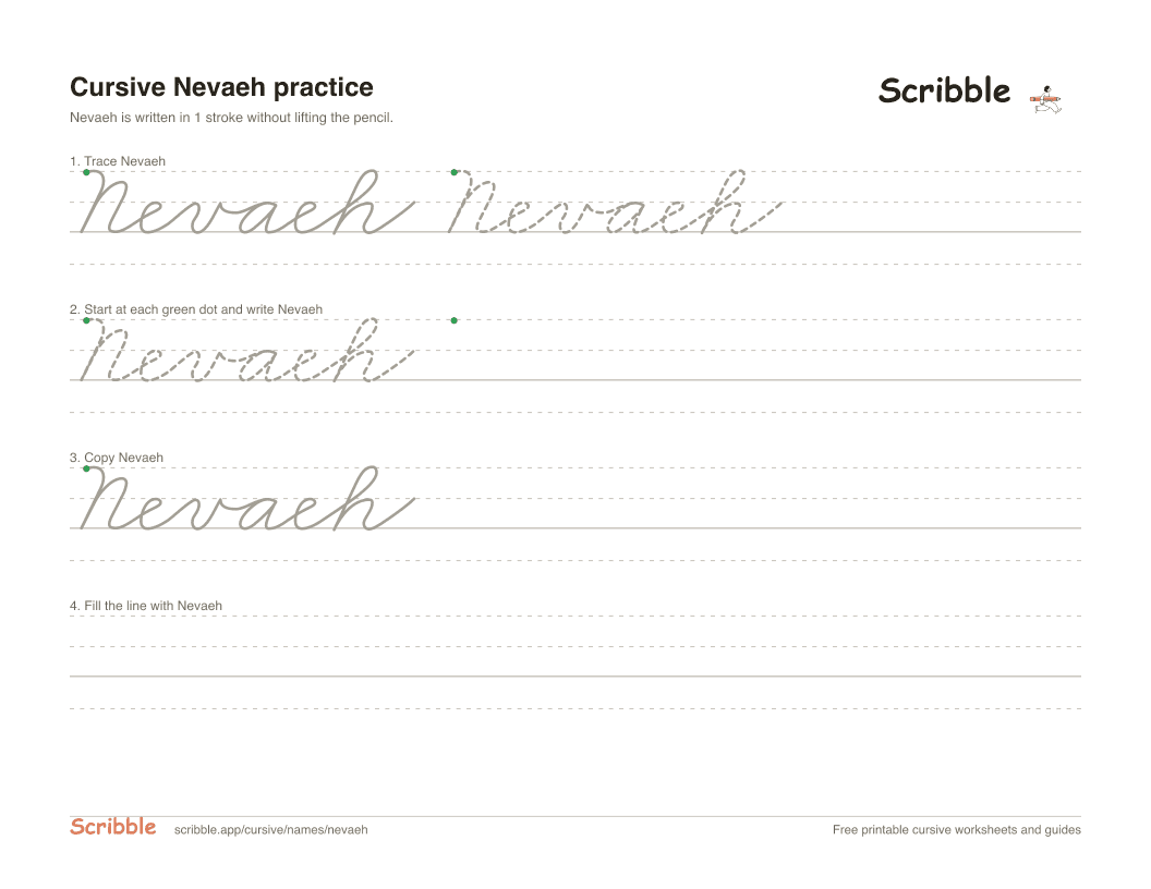 Preview of the printable Nevaeh in cursive worksheet: trace, copy, and practice rows