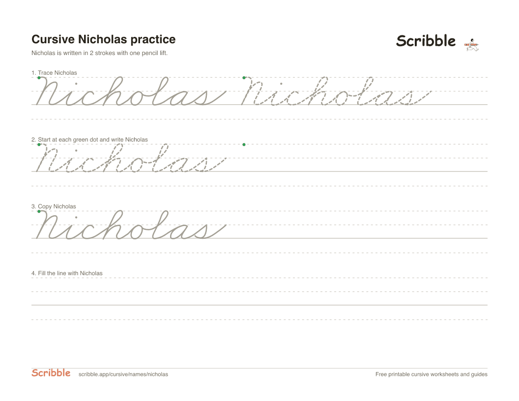 Preview of the printable Nicholas in cursive worksheet: trace, copy, and practice rows
