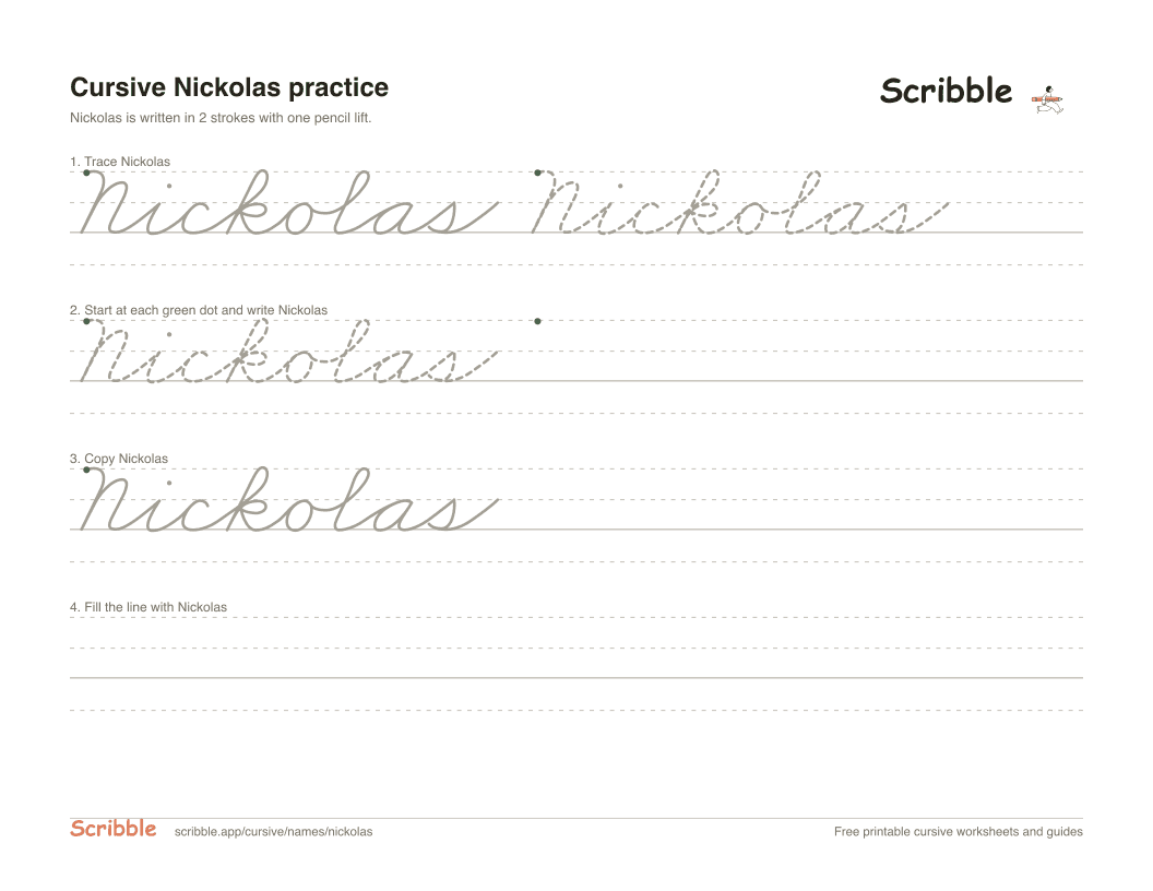 Preview of the printable Nickolas in cursive worksheet: trace, copy, and practice rows