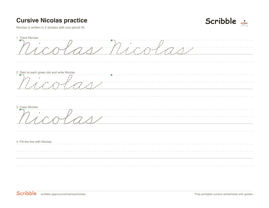 Preview of the printable Nicolas in cursive worksheet: trace, copy, and practice rows