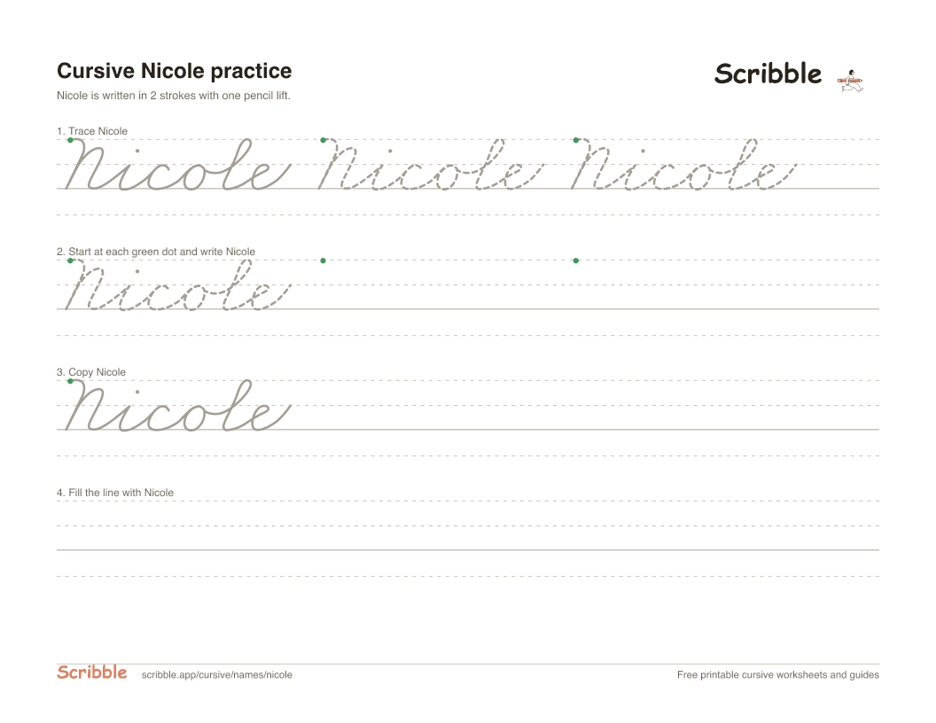 Preview of the printable Nicole in cursive worksheet: trace, copy, and practice rows