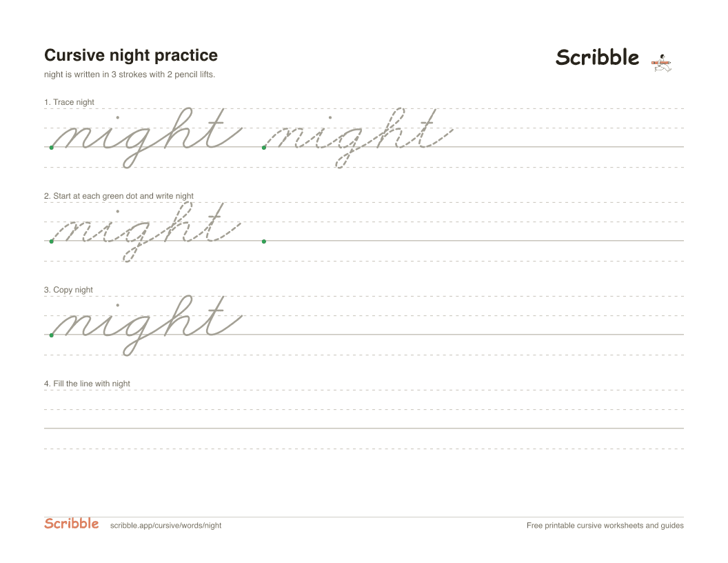 Preview of the printable night in cursive worksheet: trace, copy, and practice rows