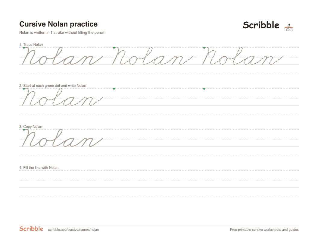 Preview of the printable Nolan in cursive worksheet: trace, copy, and practice rows