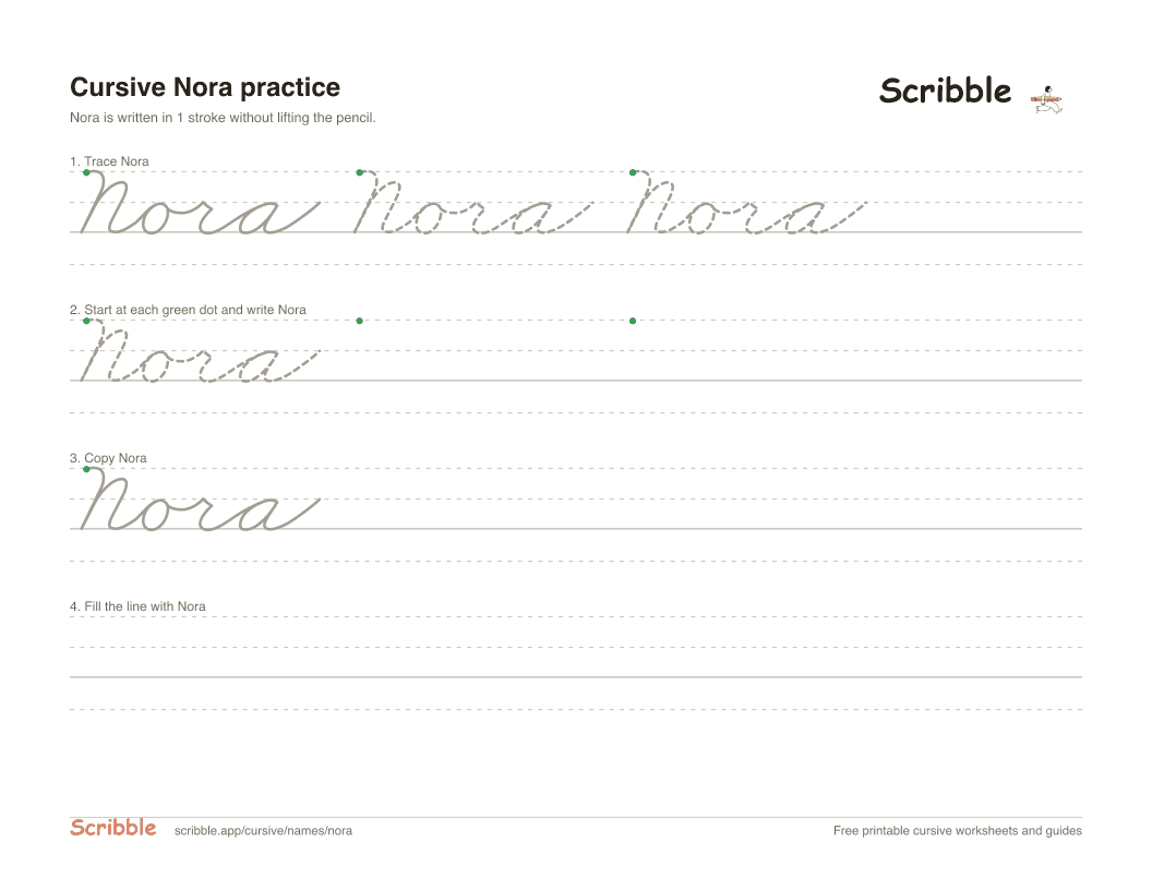 Preview of the printable Nora in cursive worksheet: trace, copy, and practice rows