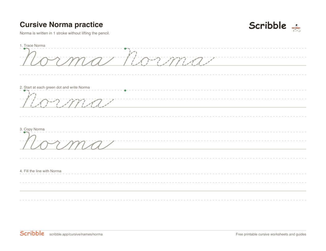 Preview of the printable Norma in cursive worksheet: trace, copy, and practice rows