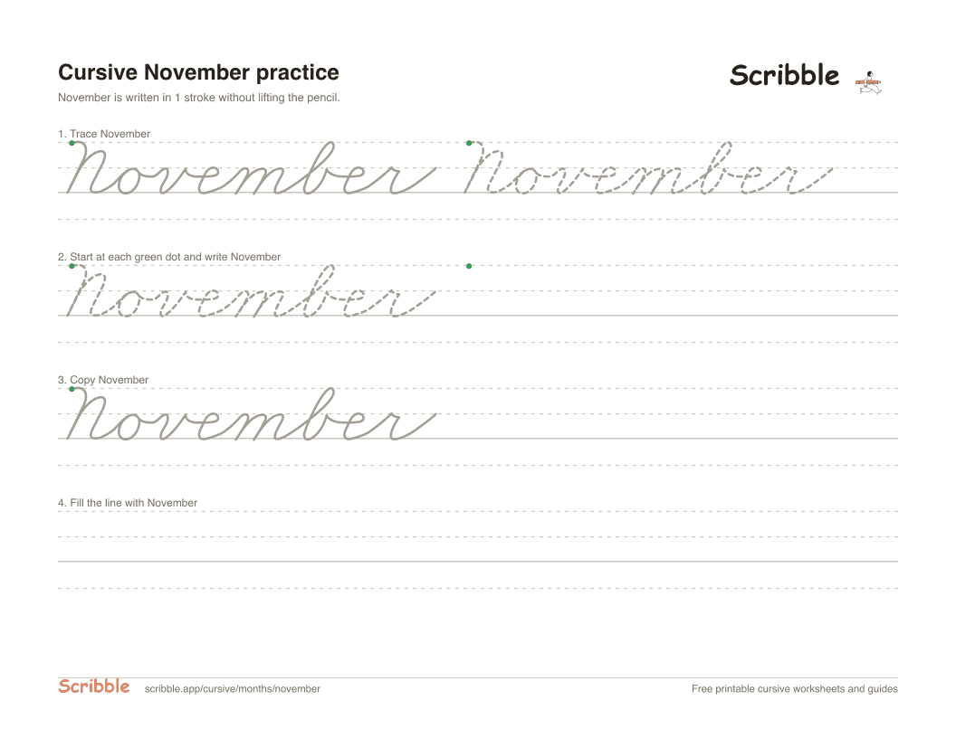 Preview of the printable November in cursive worksheet: trace, copy, and practice rows