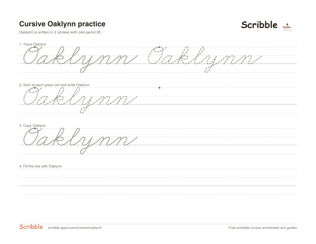Preview of the printable Oaklynn in cursive worksheet: trace, copy, and practice rows