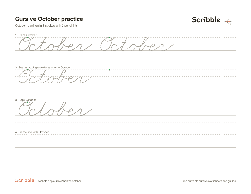 Preview of the printable October in cursive worksheet: trace, copy, and practice rows