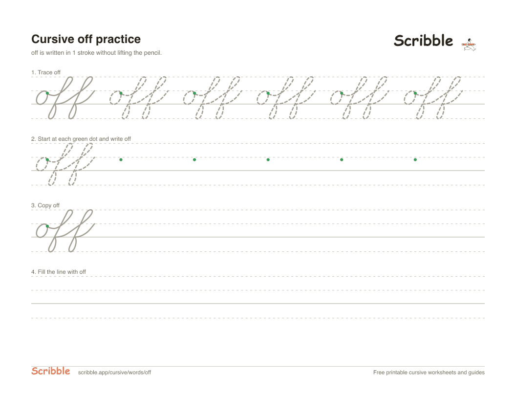 Preview of the printable off in cursive worksheet: trace, copy, and practice rows