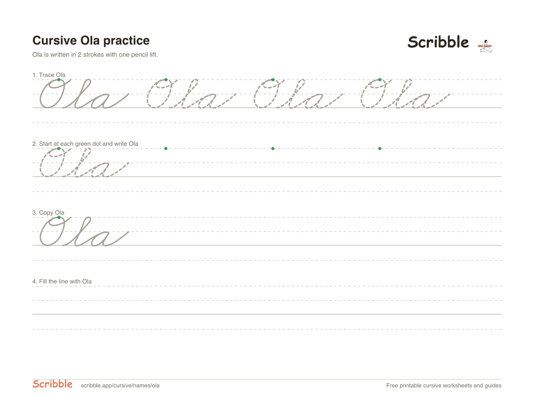 Preview of the printable Ola in cursive worksheet: trace, copy, and practice rows