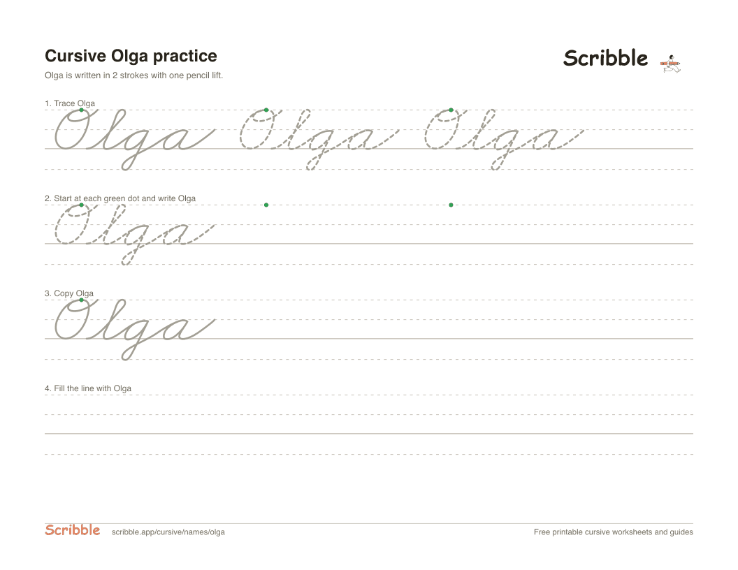 Preview of the printable Olga in cursive worksheet: trace, copy, and practice rows