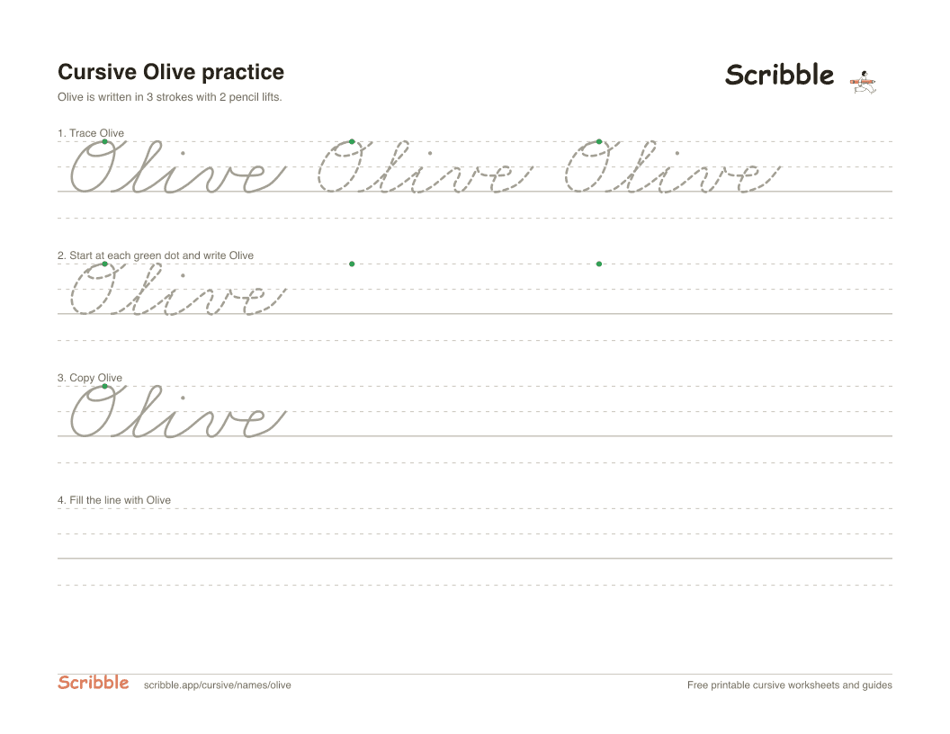 Preview of the printable Olive in cursive worksheet: trace, copy, and practice rows