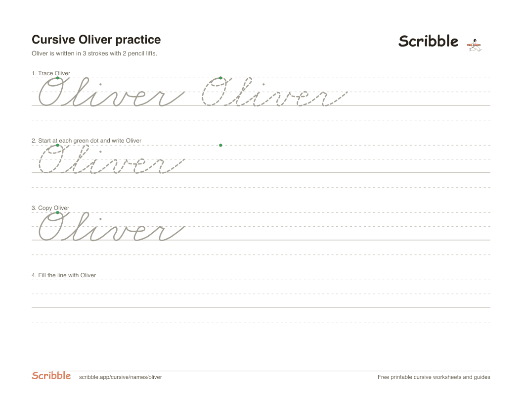 Preview of the printable Oliver in cursive worksheet: trace, copy, and practice rows