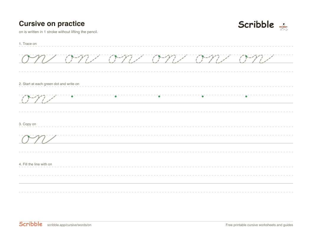 Preview of the printable on in cursive worksheet: trace, copy, and practice rows