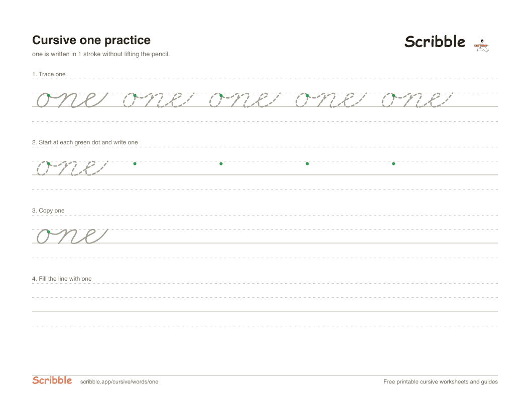Preview of the printable one in cursive worksheet: trace, copy, and practice rows