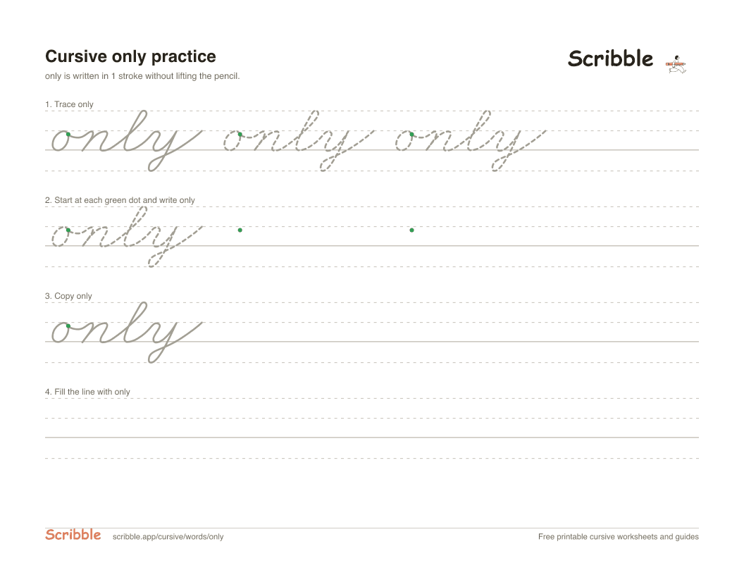 Preview of the printable only in cursive worksheet: trace, copy, and practice rows