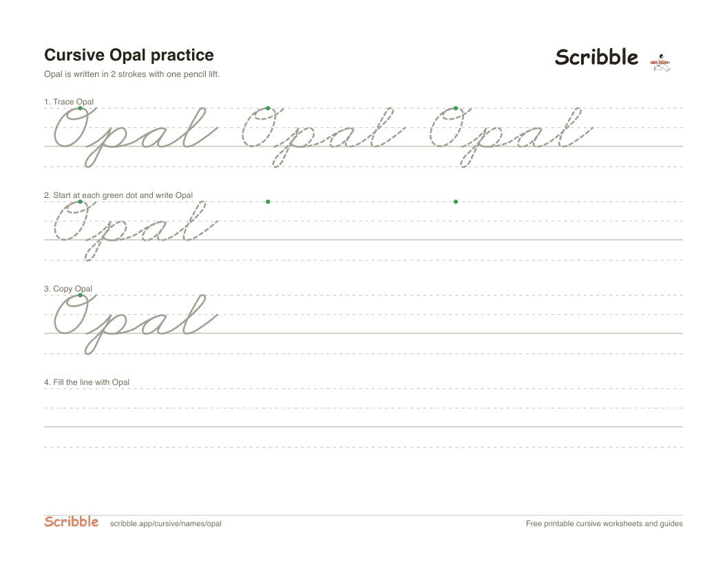 Preview of the printable Opal in cursive worksheet: trace, copy, and practice rows