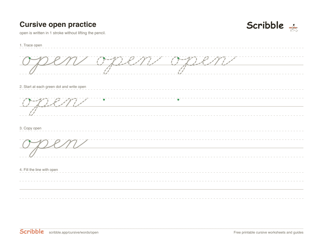 Preview of the printable open in cursive worksheet: trace, copy, and practice rows