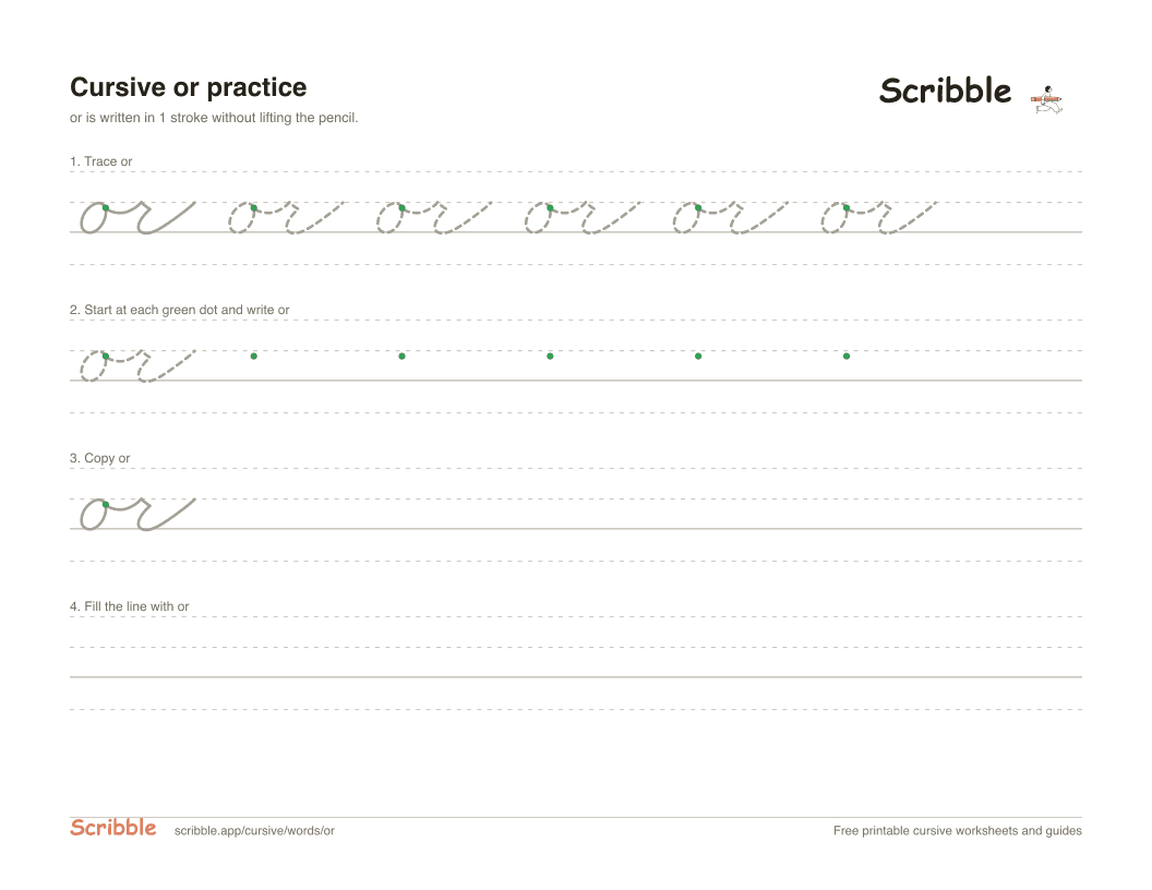 Preview of the printable or in cursive worksheet: trace, copy, and practice rows