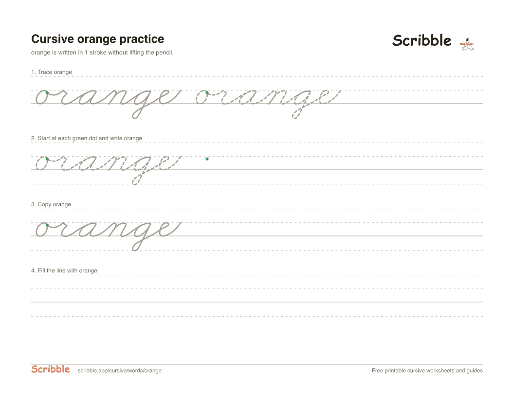 Preview of the printable orange in cursive worksheet: trace, copy, and practice rows