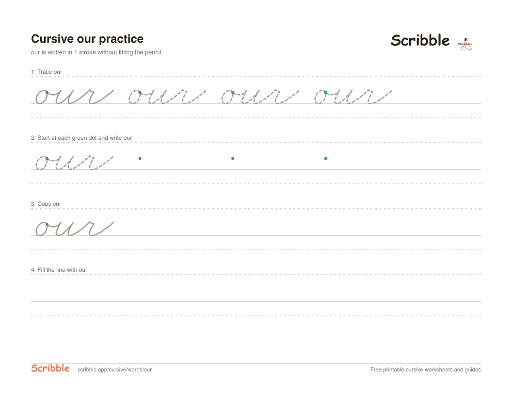 Preview of the printable our in cursive worksheet: trace, copy, and practice rows