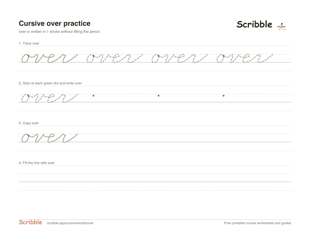 Preview of the printable over in cursive worksheet: trace, copy, and practice rows