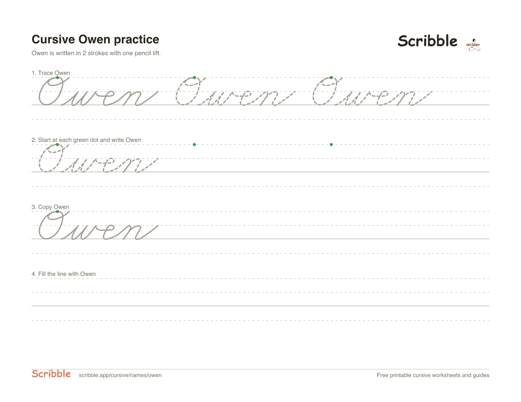 Preview of the printable Owen in cursive worksheet: trace, copy, and practice rows