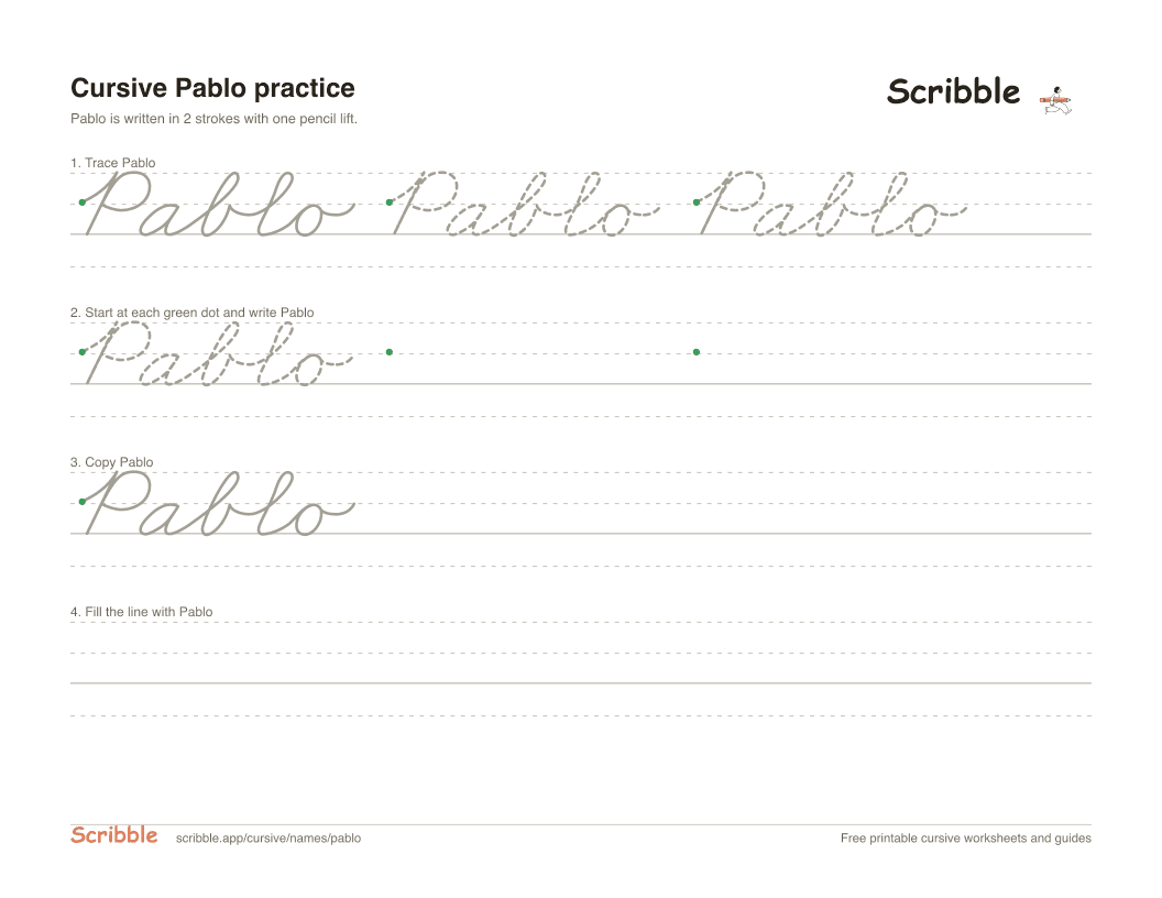 Preview of the printable Pablo in cursive worksheet: trace, copy, and practice rows