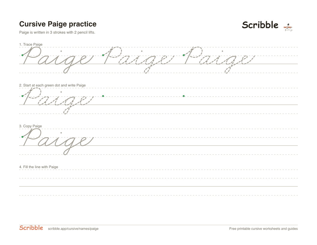 Preview of the printable Paige in cursive worksheet: trace, copy, and practice rows
