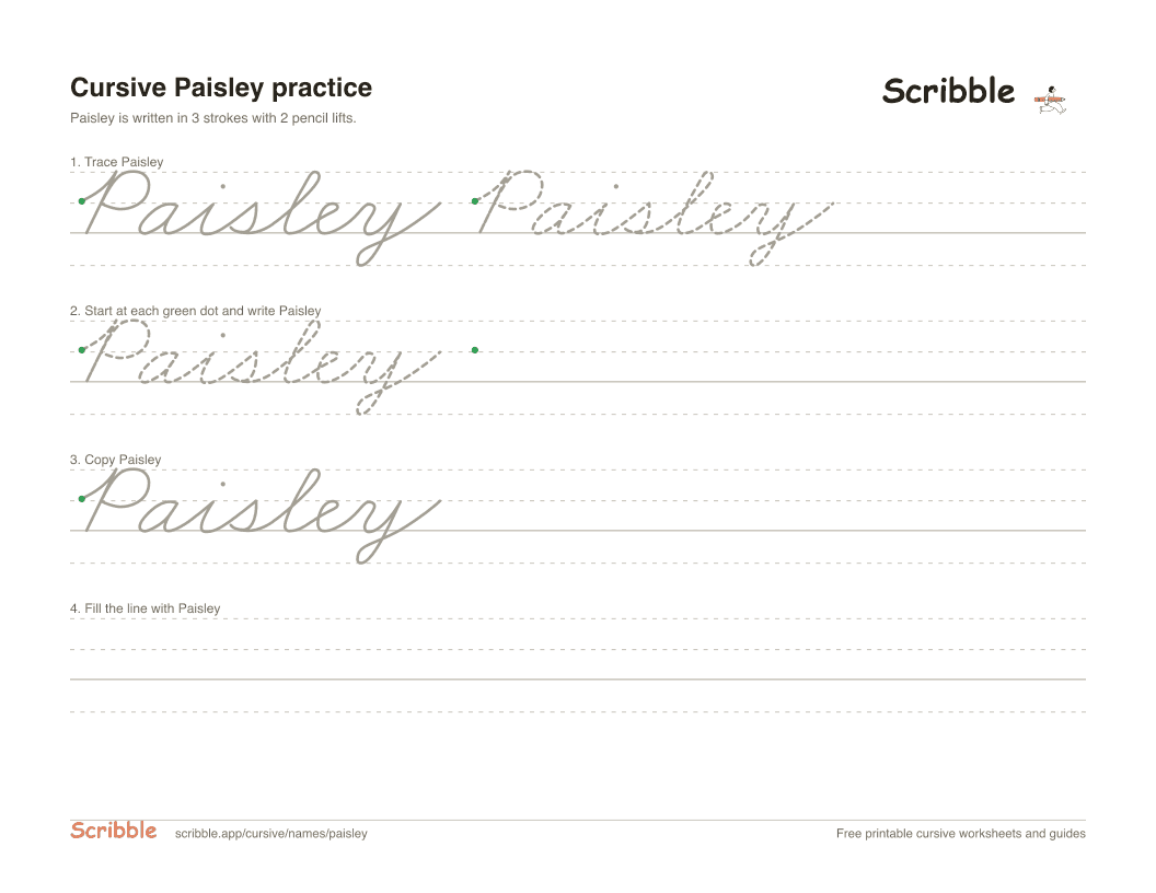 Preview of the printable Paisley in cursive worksheet: trace, copy, and practice rows