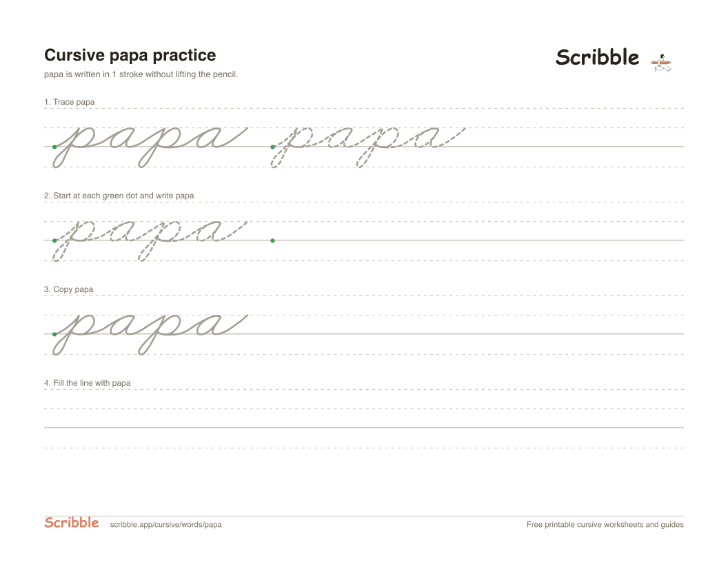 Preview of the printable papa in cursive worksheet: trace, copy, and practice rows