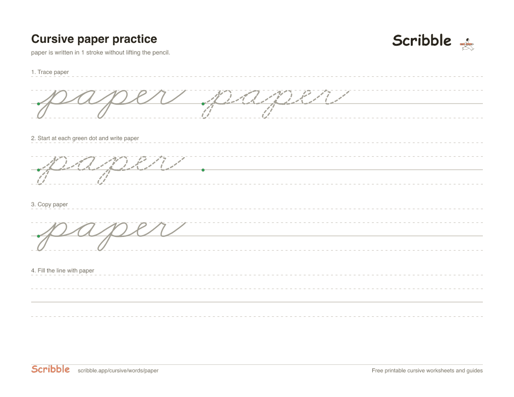 Preview of the printable paper in cursive worksheet: trace, copy, and practice rows