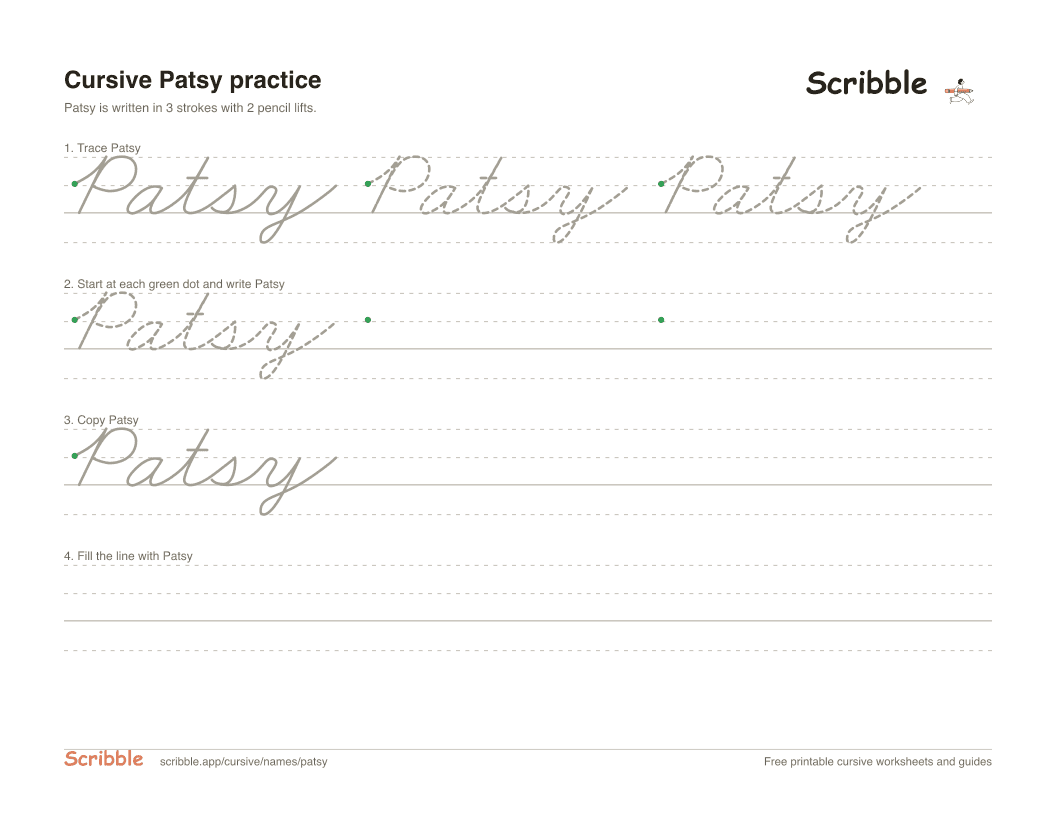 Preview of the printable Patsy in cursive worksheet: trace, copy, and practice rows