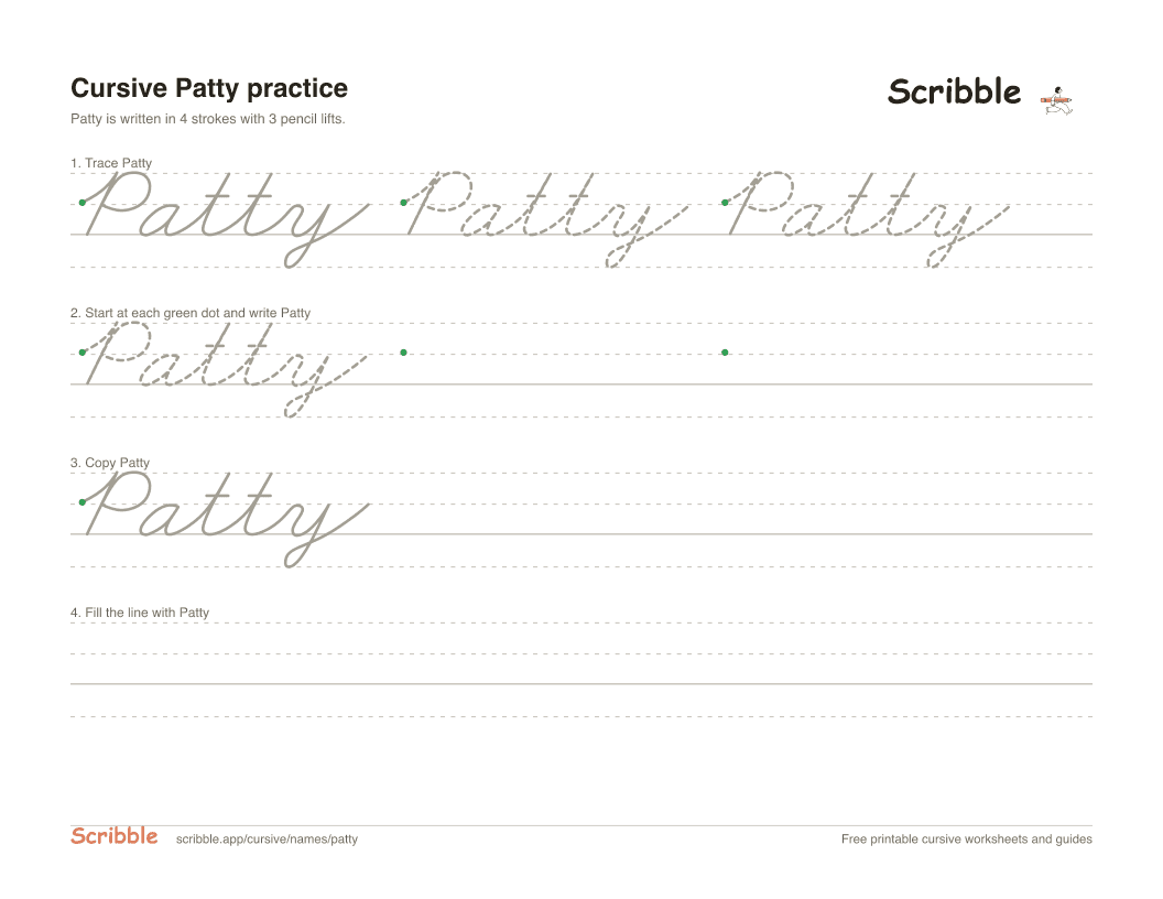 Preview of the printable Patty in cursive worksheet: trace, copy, and practice rows